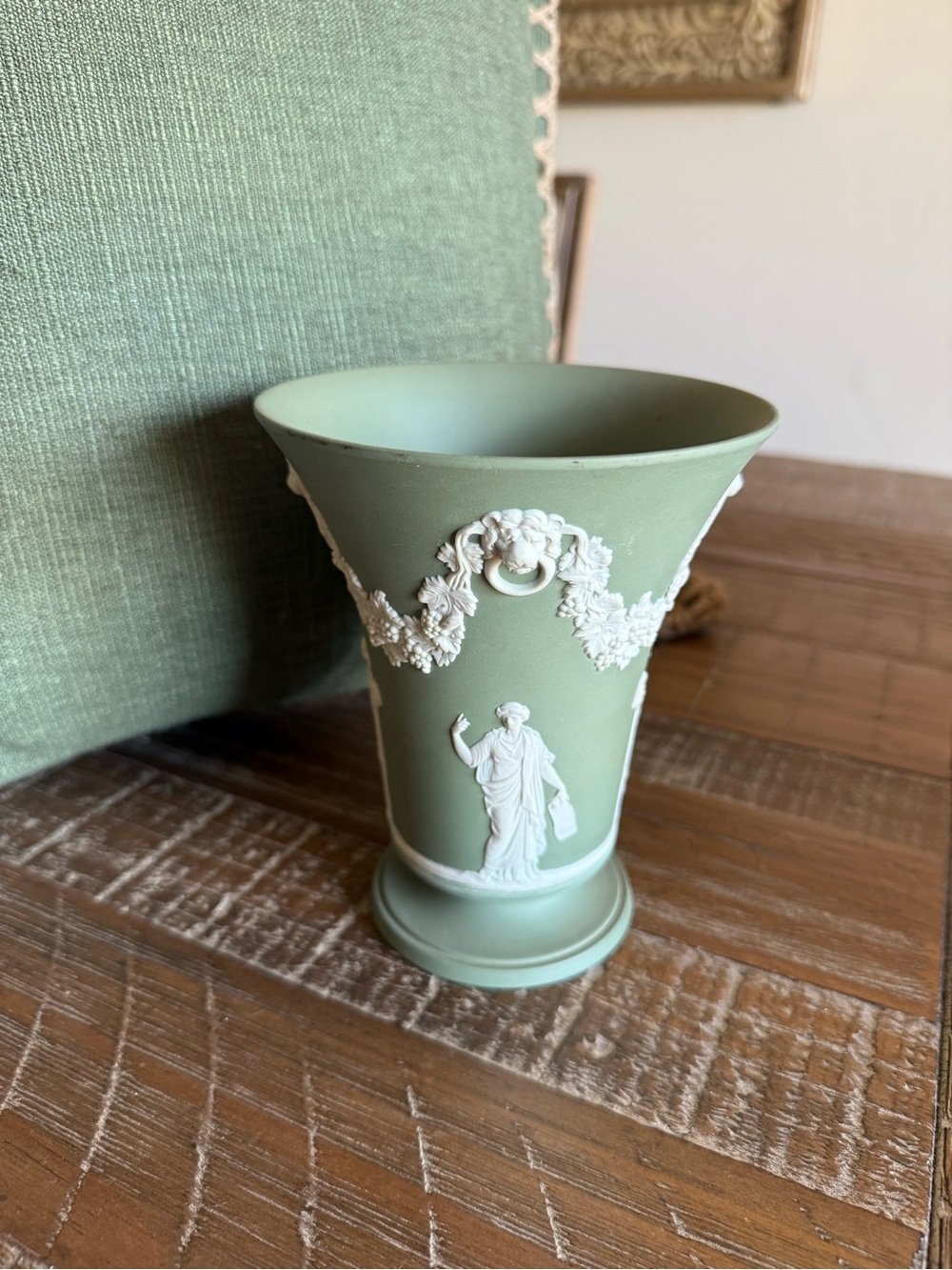 Vintage Wedgwood Sage Green Jasperware Lion Head and Garland Flared Vase.